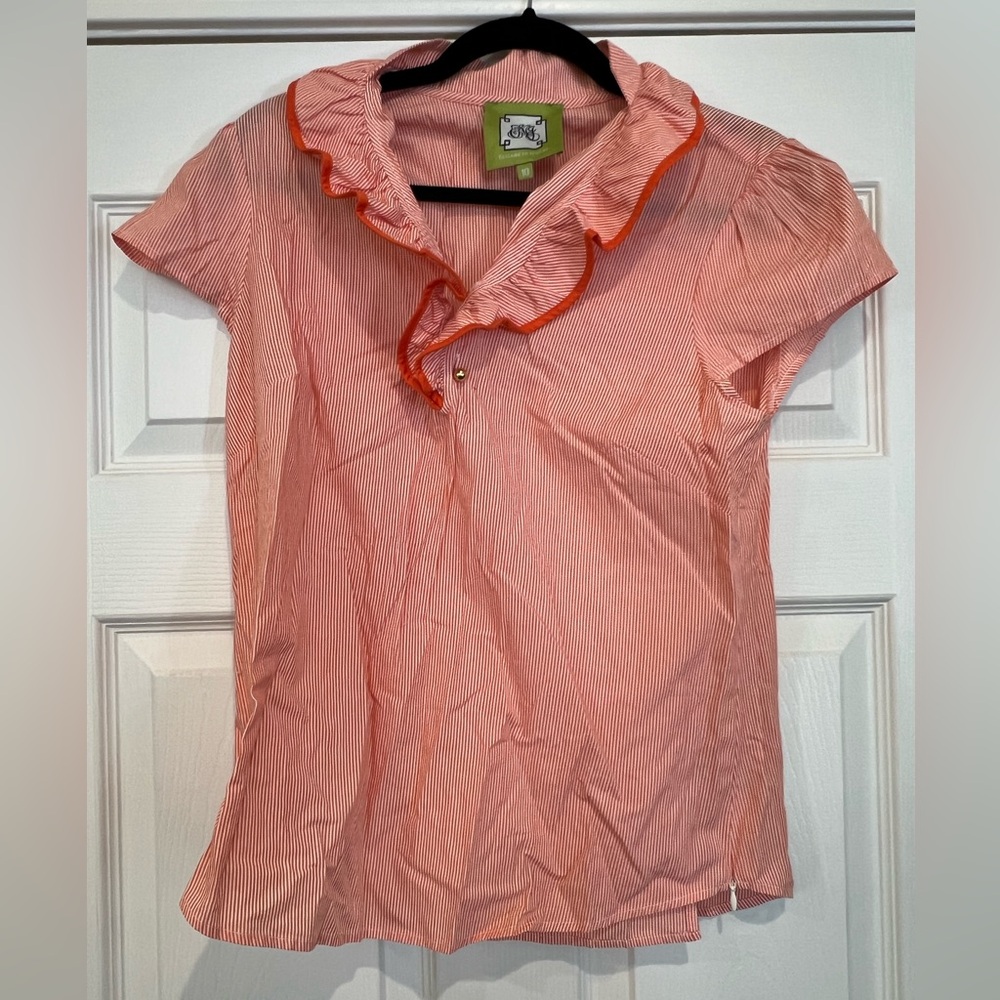 Short sleeve orange&white stripe top xElizabeth McKay gold accents ruffle collar